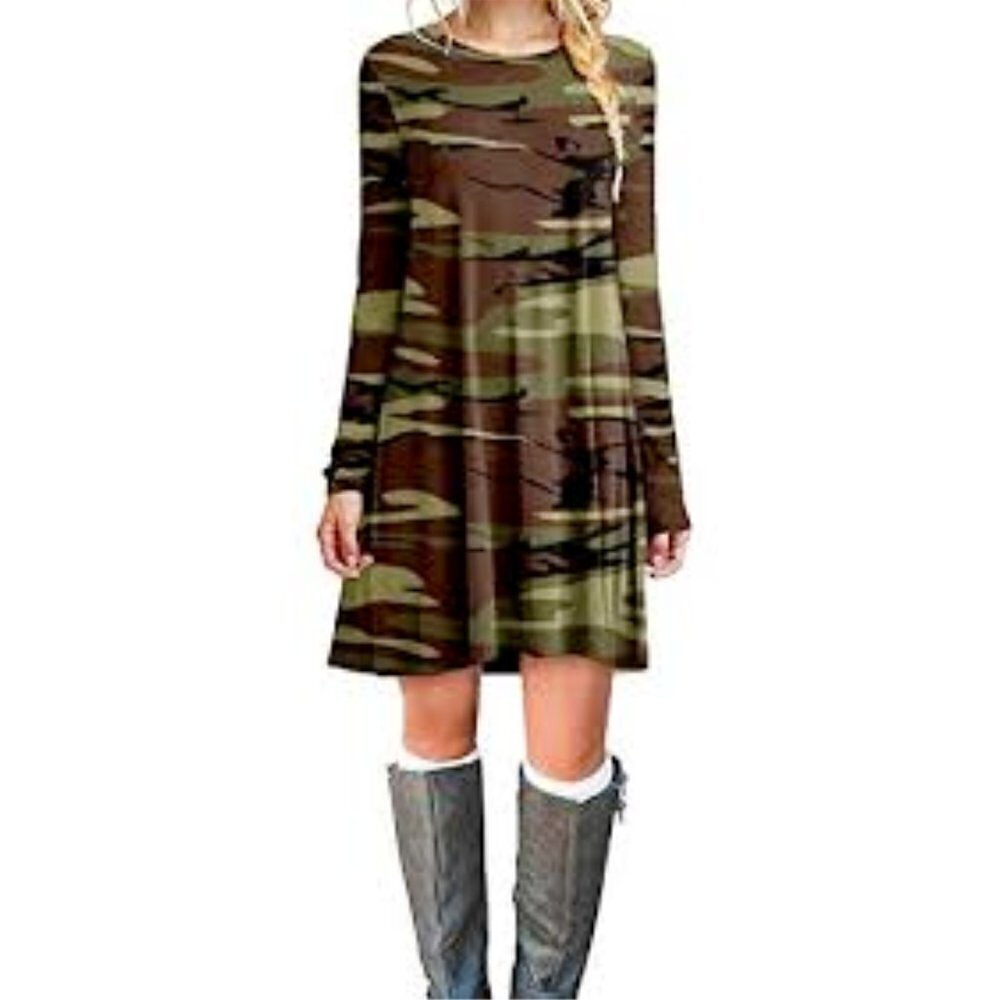 NWT T-shirt Dress Medium Camo Olive Green Stretch Rayon Knee Length